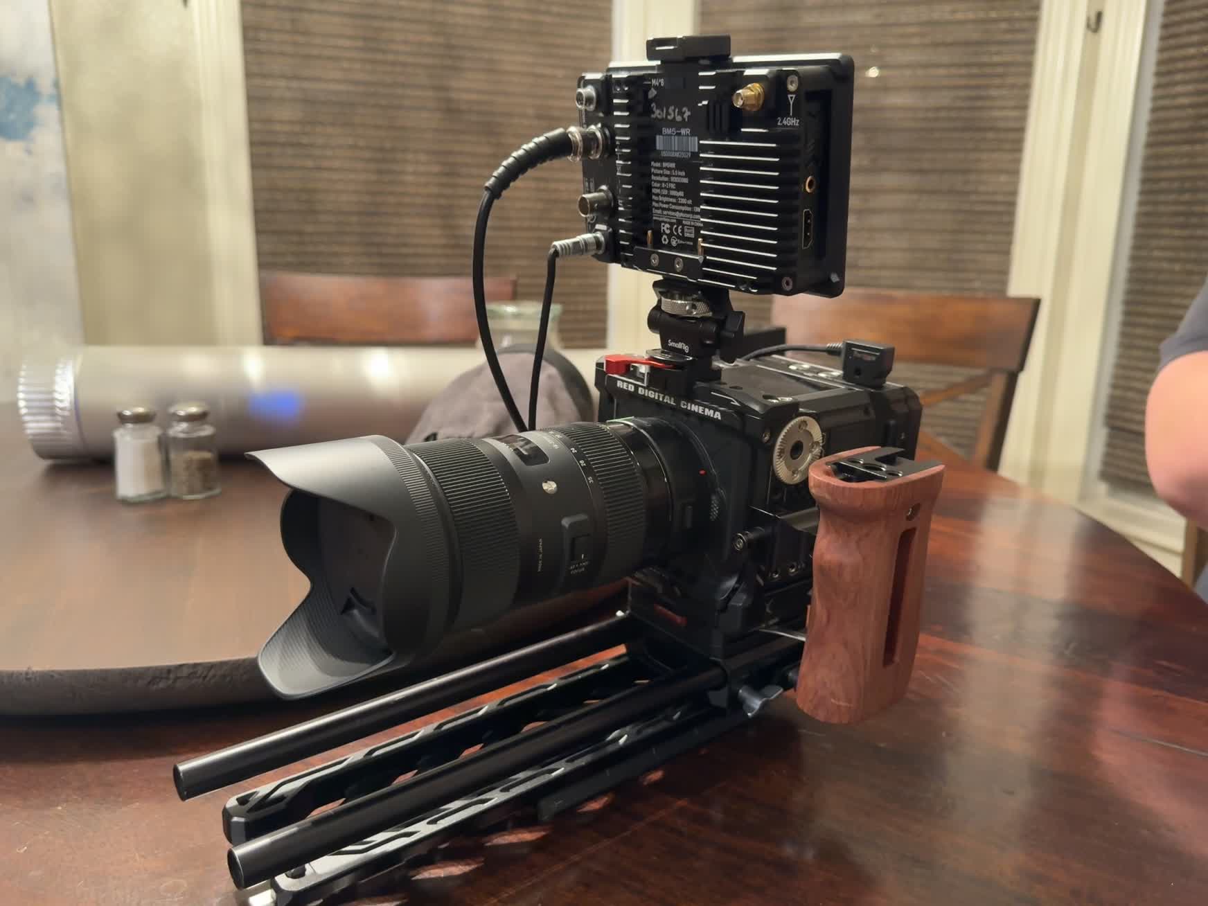 Cinema camera rig on a table